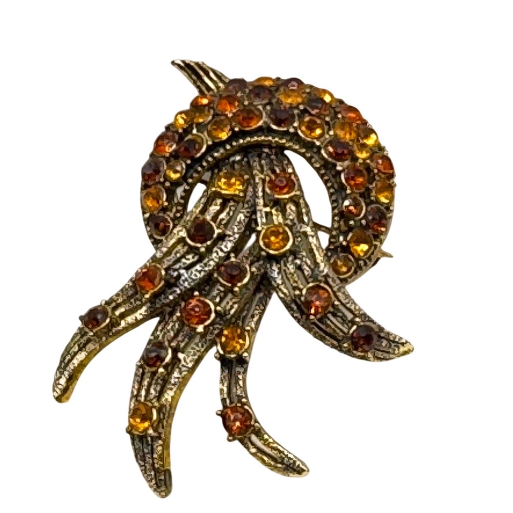 Vintage Gold Tone Amber Citrine Rhinestone Spray‎ Brooch Pin Mid-Century Style